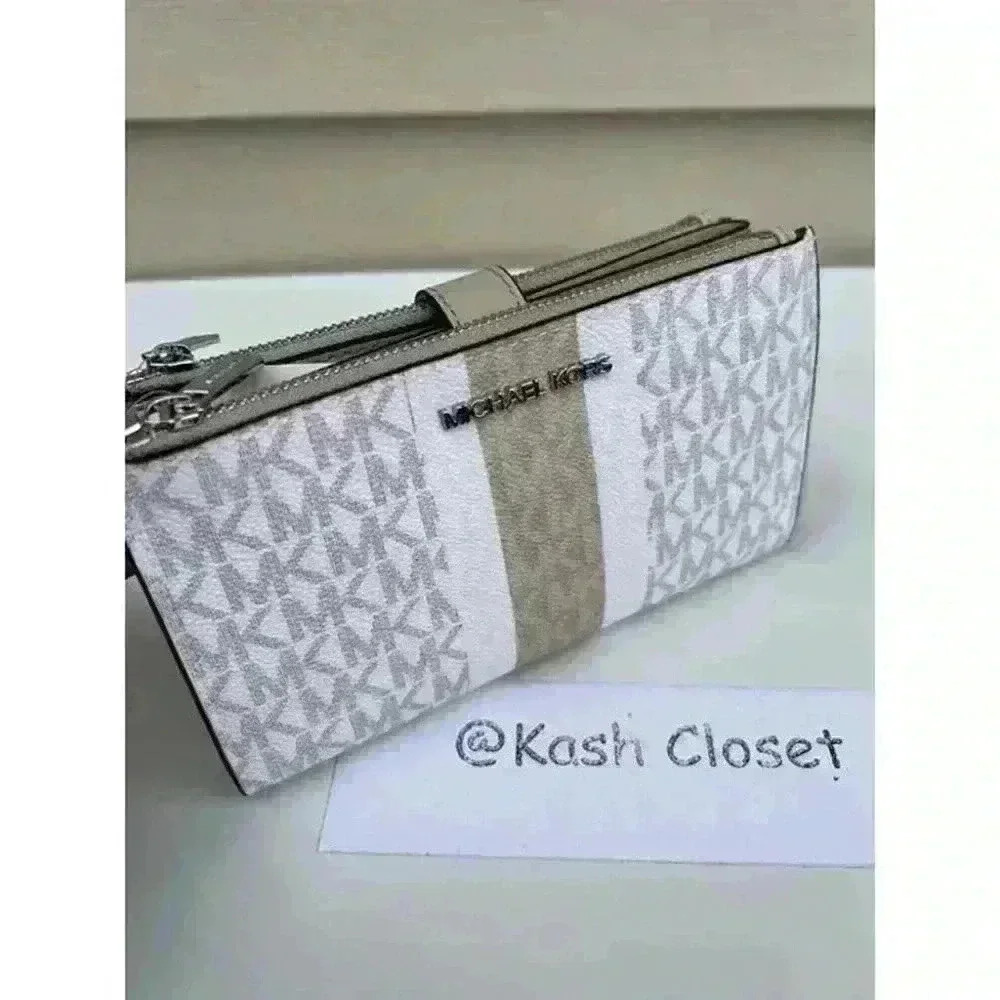 Michael Kors Double Zip Wristlet MK Signature Stripe JetSet Light Sand Multi